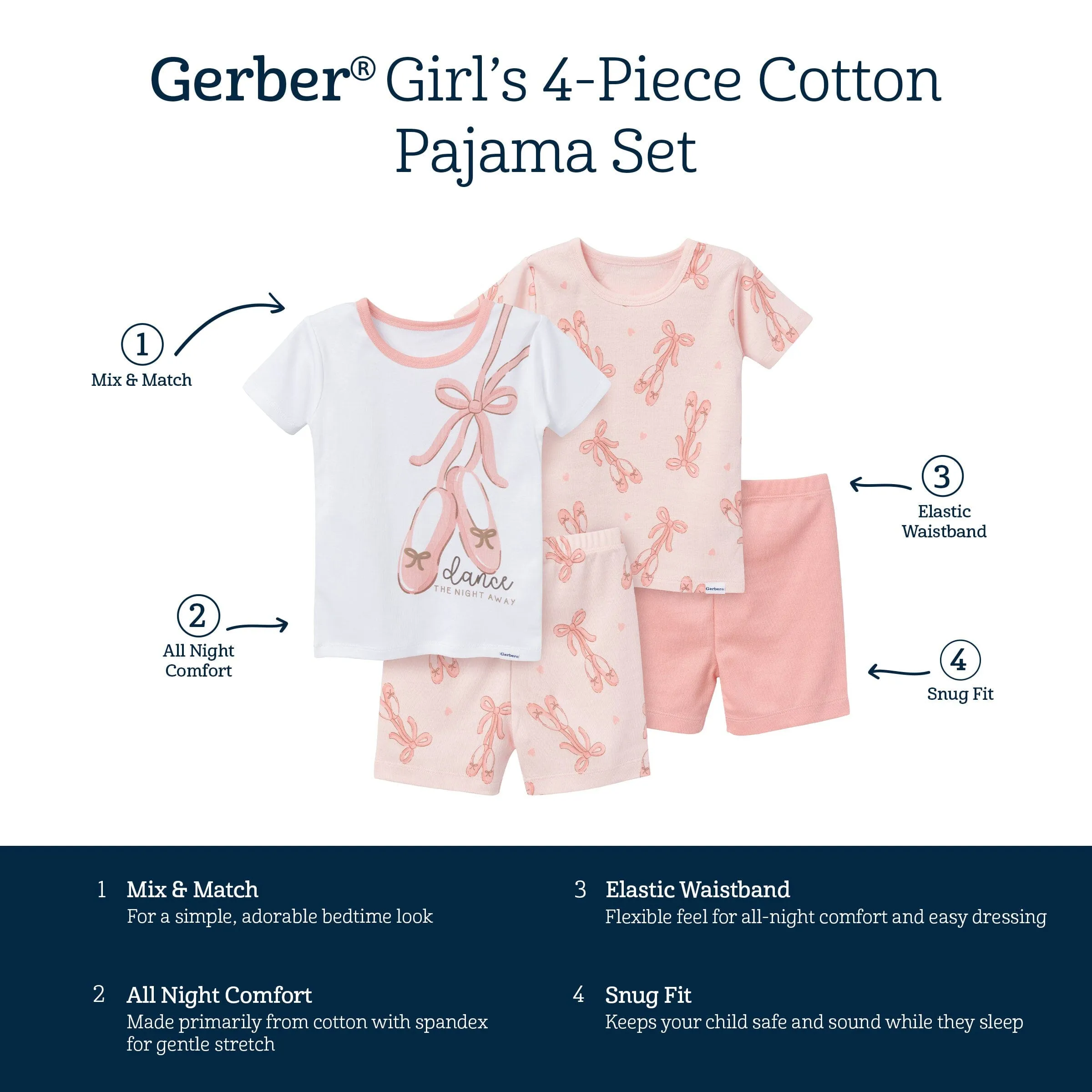4-Piece Infant & Toddler Girls Ballet Slippers Top and Shorts Pajama Set