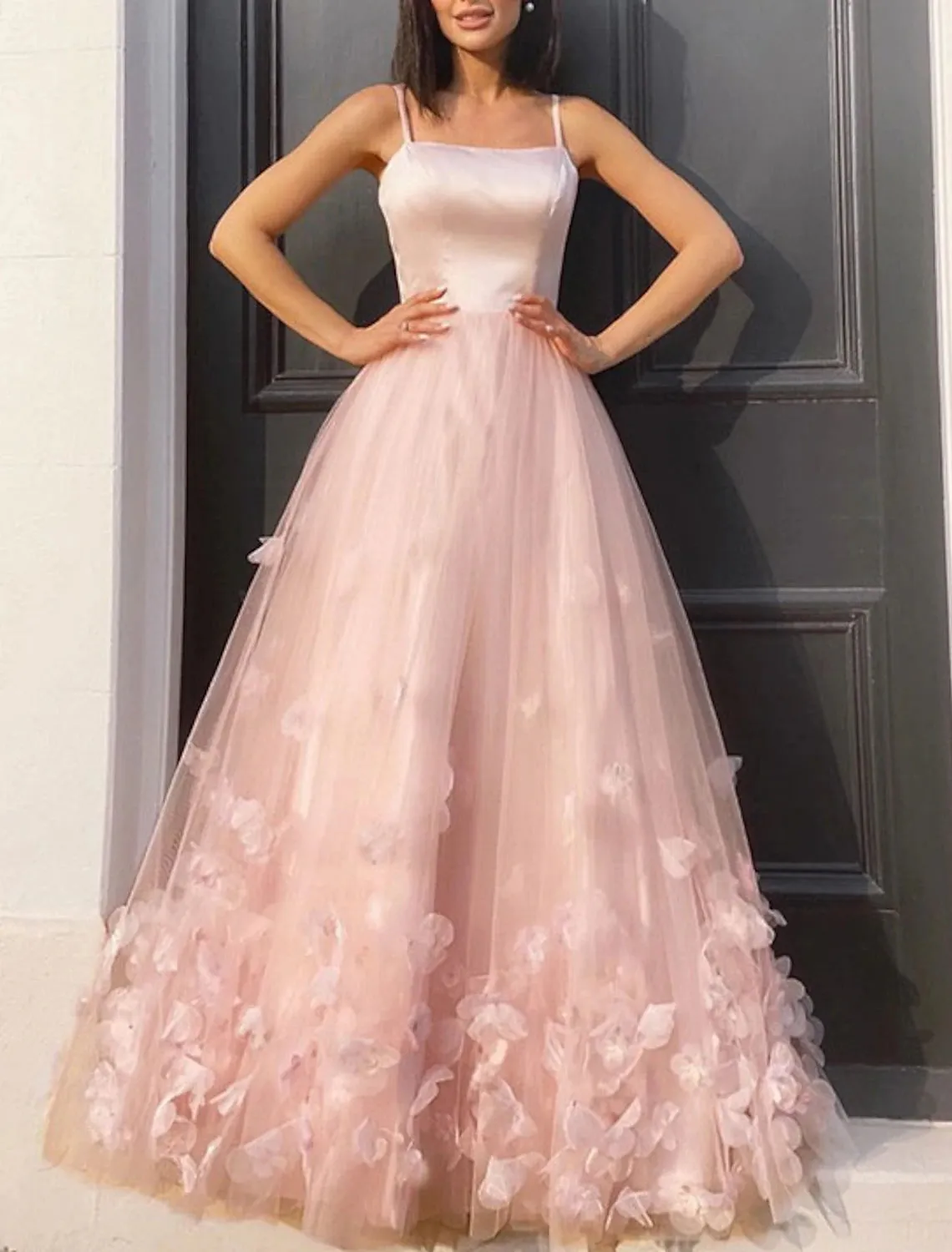A-Line Prom Dresses Elegant Dress Wedding Guest Engagement Floor Length Sleeveless Spaghetti Strap Tulle with Appliques