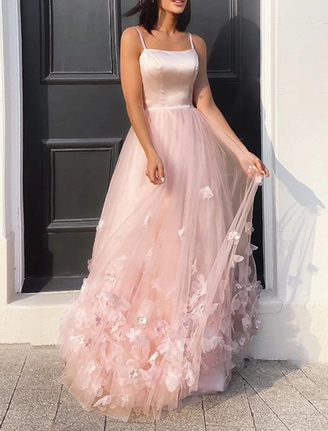 A-Line Prom Dresses Elegant Dress Wedding Guest Engagement Floor Length Sleeveless Spaghetti Strap Tulle with Appliques