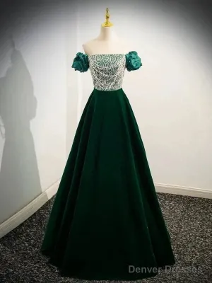 A-Line Velvet Sequin Beads Green Long Prom Dress Evening Dress Elegant