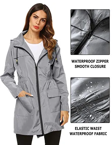 AKEWEI Women Lightweight Raincoat Waterproof Trench Coat Windbreaker Hiking Rain Jacket Breathable Summer Coat Grey S