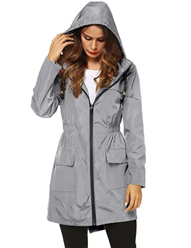 AKEWEI Women Lightweight Raincoat Waterproof Trench Coat Windbreaker Hiking Rain Jacket Breathable Summer Coat Grey S