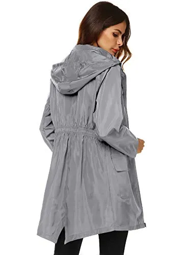 AKEWEI Women Lightweight Raincoat Waterproof Trench Coat Windbreaker Hiking Rain Jacket Breathable Summer Coat Grey S