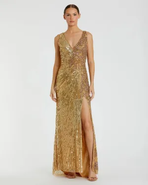 Beaded sequin floral evening sleeveless gown - Gold