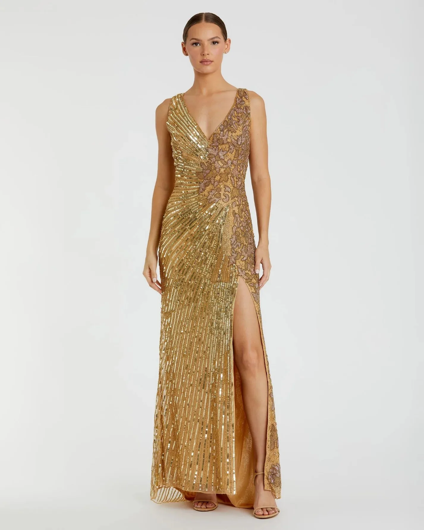 Beaded sequin floral evening sleeveless gown - Gold