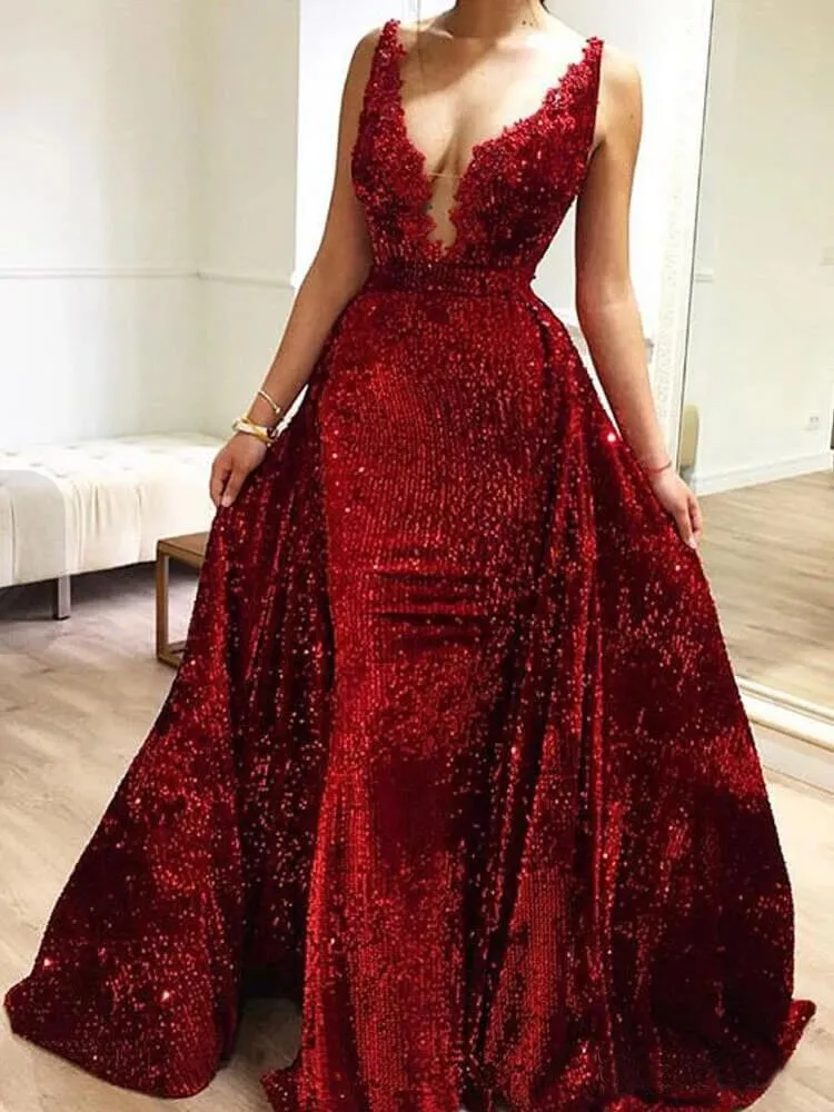 Burgundy Sequins Long V Neck Prom Dresses Lace Evening Dresses PFP1520