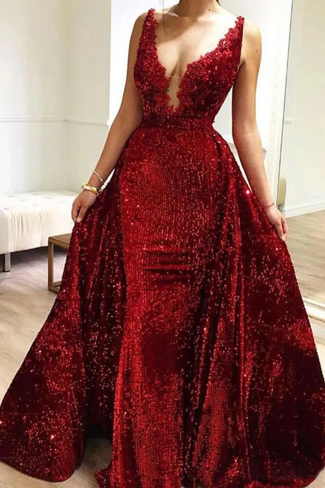 Burgundy Sequins Long V Neck Prom Dresses Lace Evening Dresses PFP1520