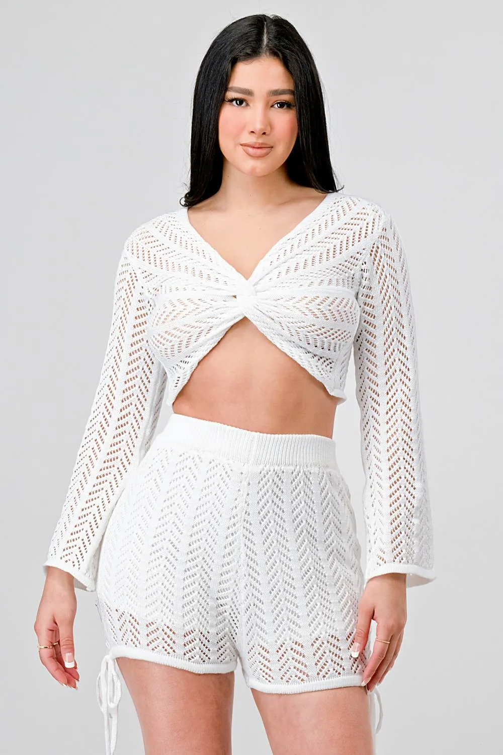 CHIC CROCHET TWIST FRONT TOP AND SHORTS SET