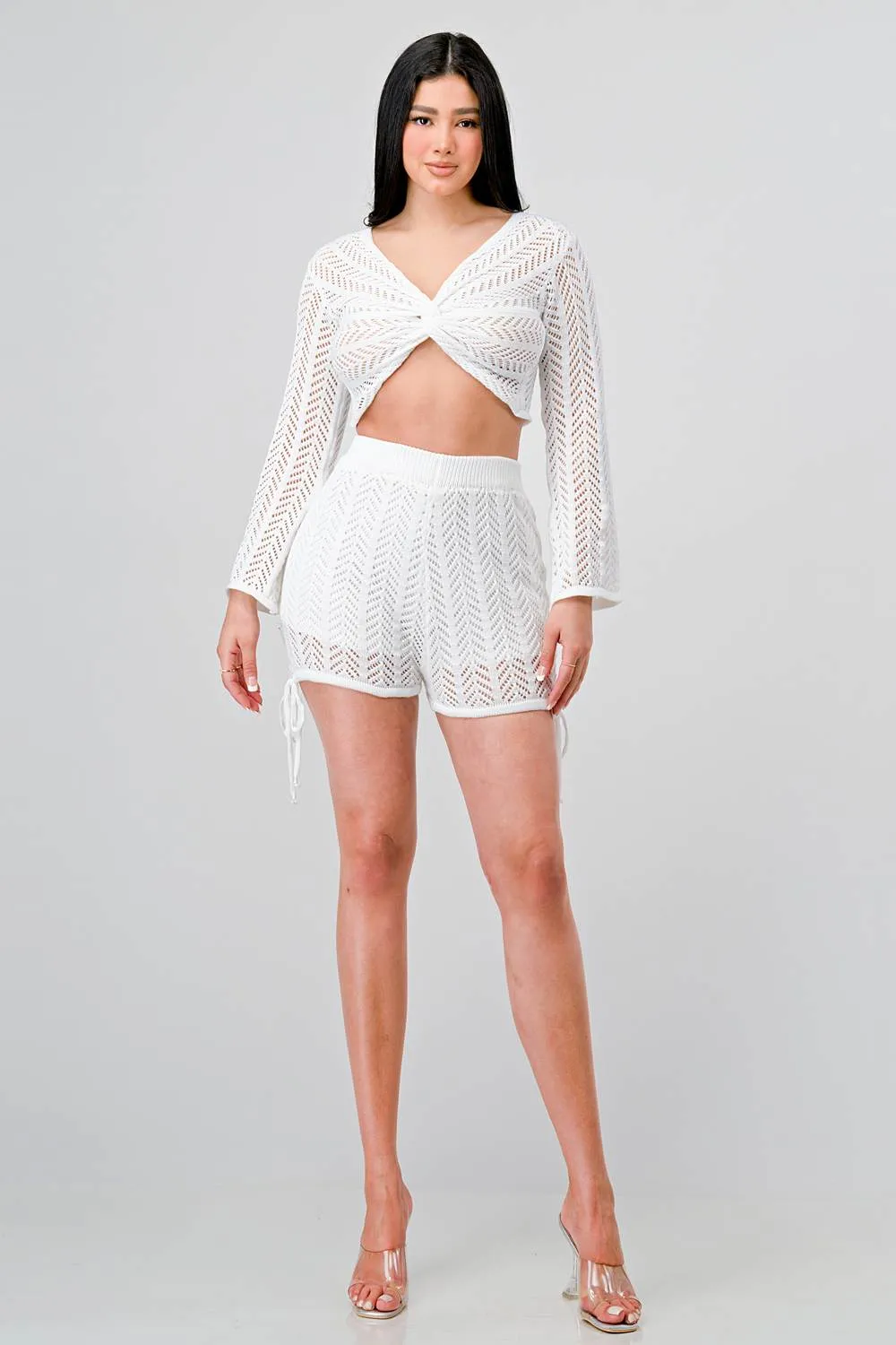 CHIC CROCHET TWIST FRONT TOP AND SHORTS SET