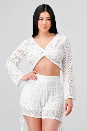 CHIC CROCHET TWIST FRONT TOP AND SHORTS SET