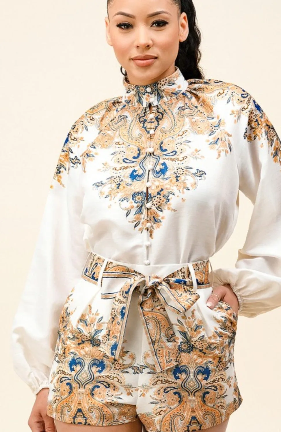 Chic Habits Long Sleeve Blouse & Short Set