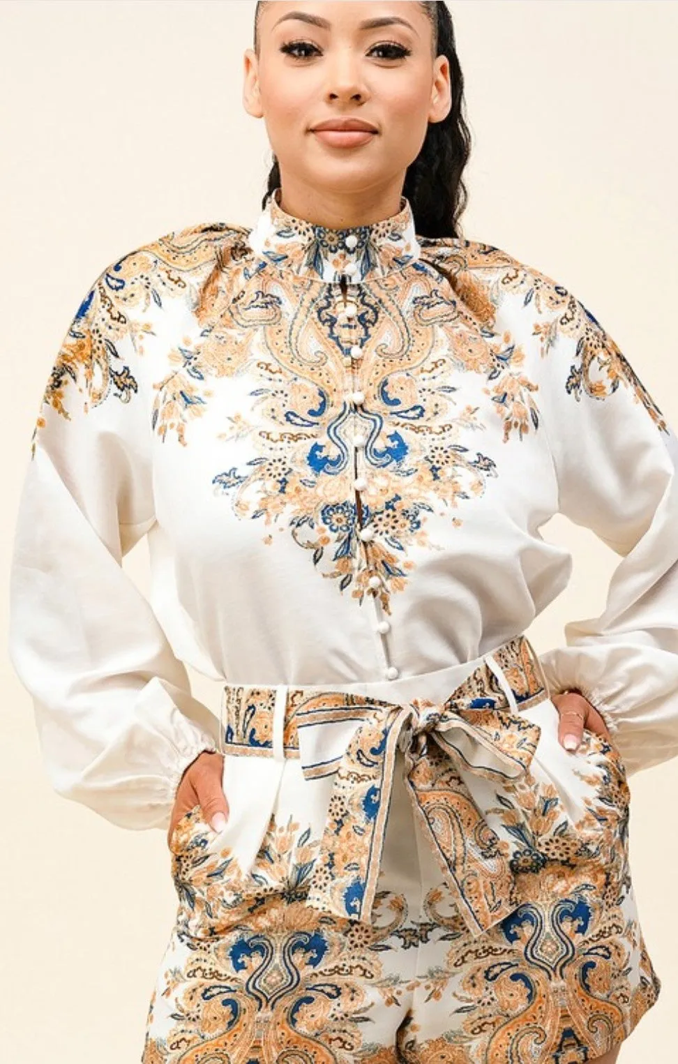 Chic Habits Long Sleeve Blouse & Short Set