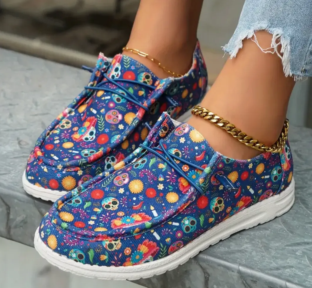Comelyy Flat printed canvas shoes, comfortable round toe fashionable casual shoes