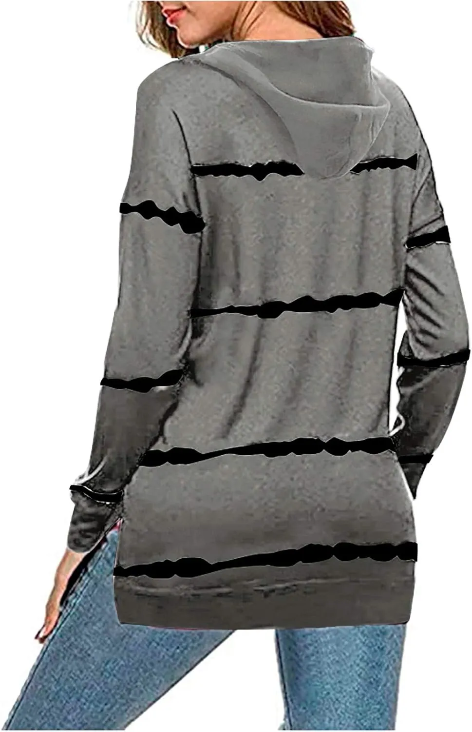 Crewneck Sweatshirts Women Oversized Long Sleeve Color Block Tops Drawstring Pullover Hoodies Plus Size Slit Shirt