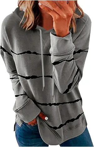 Crewneck Sweatshirts Women Oversized Long Sleeve Color Block Tops Drawstring Pullover Hoodies Plus Size Slit Shirt