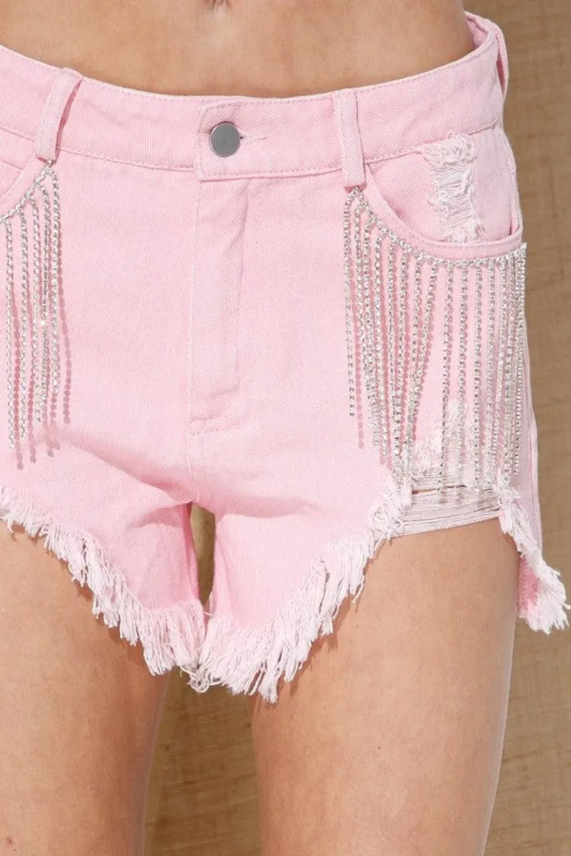 Cruisin' Along Frayed Rhinestone Denim Shorts