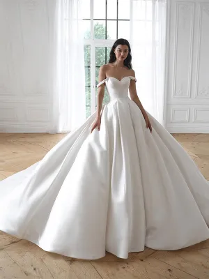 Elegant Off the Shoulder A-line White Satin Wedding Dresses, WD0531