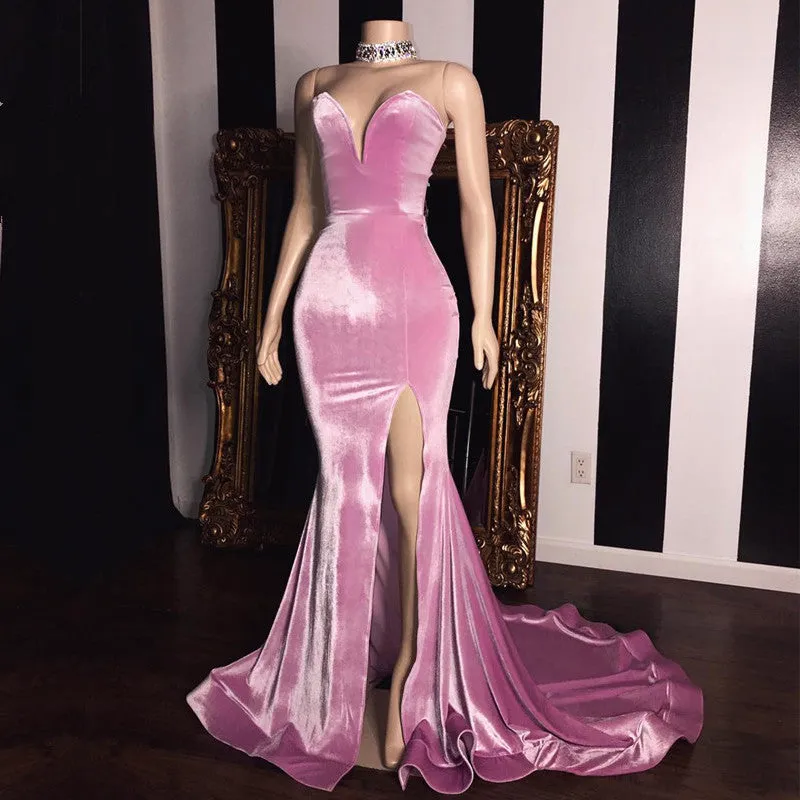 Elegant Pink Velvet Sweetheart Prom Dresses | Mermaid Long Evening Gowns With Slit BC1231