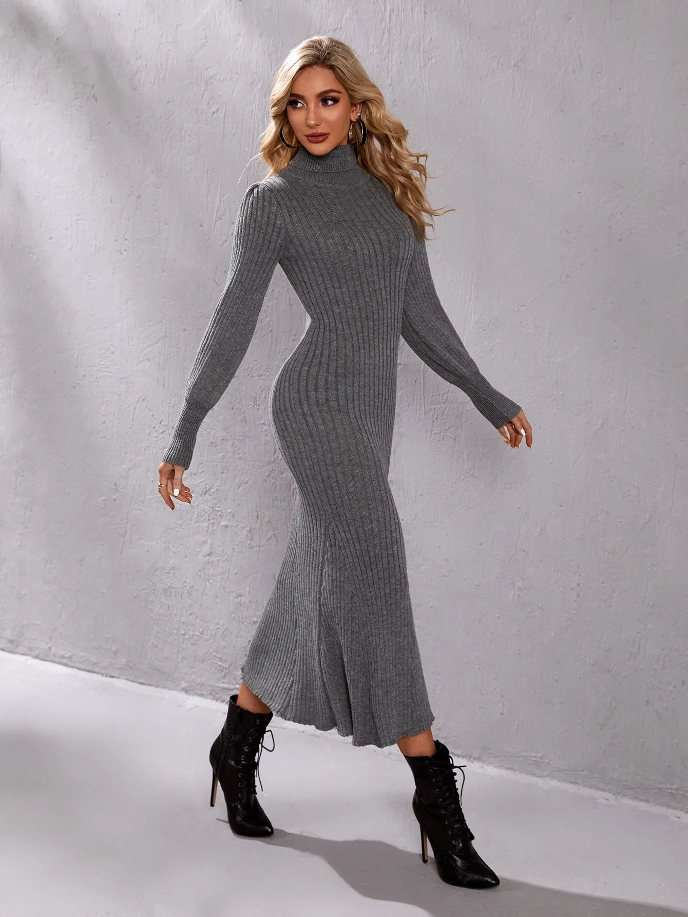 Elegant Plain Rib-Knit Long Sleeve High Neck Flared Natural Long Women Sweater Dress