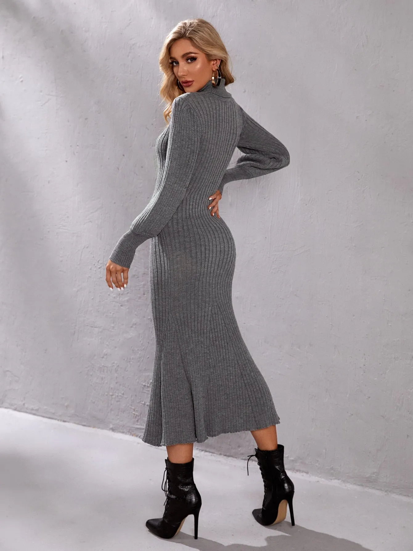 Elegant Plain Rib-Knit Long Sleeve High Neck Flared Natural Long Women Sweater Dress