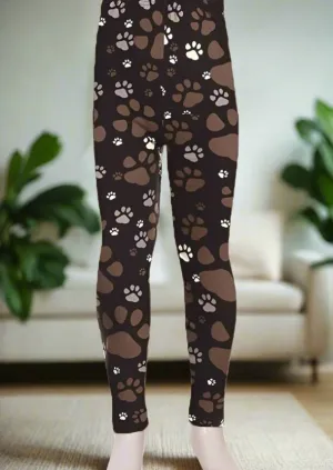 Girls Dog Paw Leggings, Kids Yoga Pants, Sizes S/L, No-Roll Waist, Black/Brown