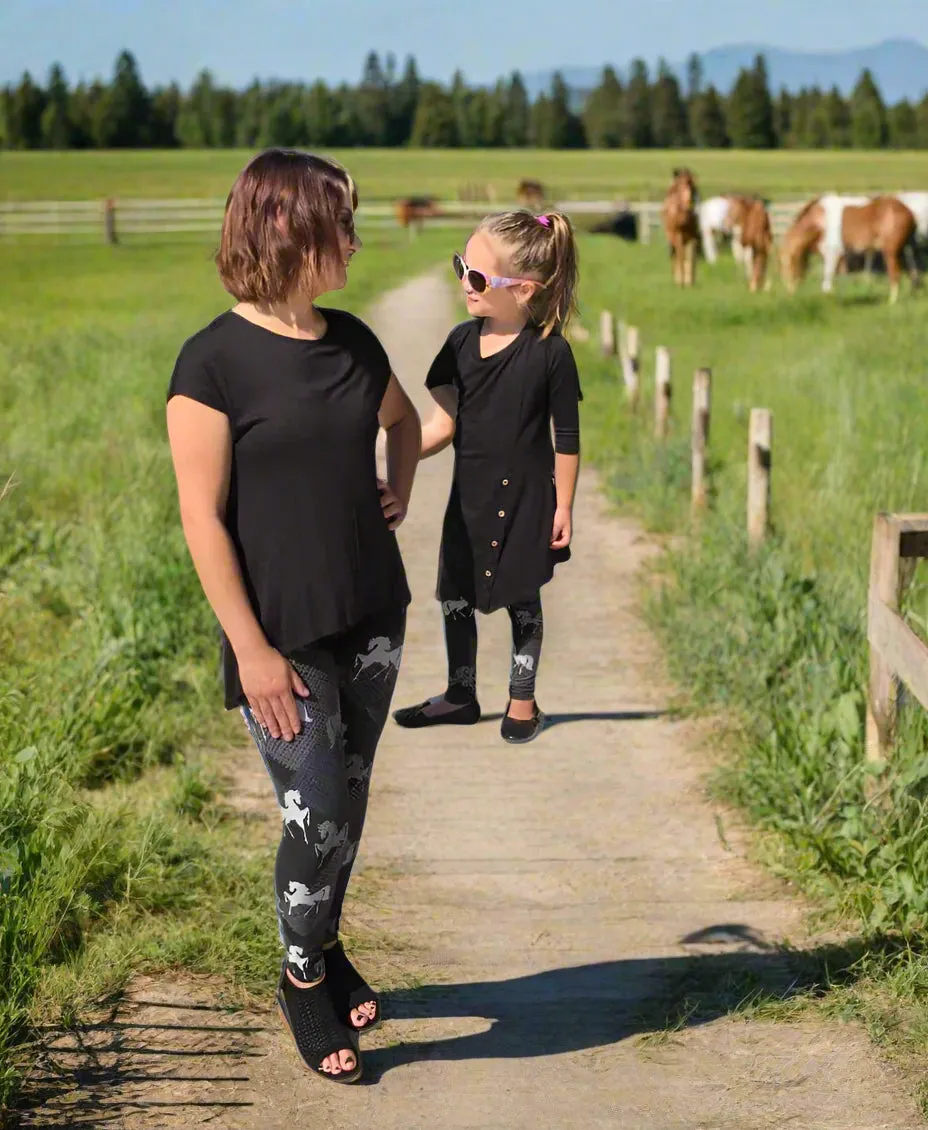 Girls Horse Leggings, Kids Yoga Pants, Sizes S/L, No-Roll Waist, Black/White