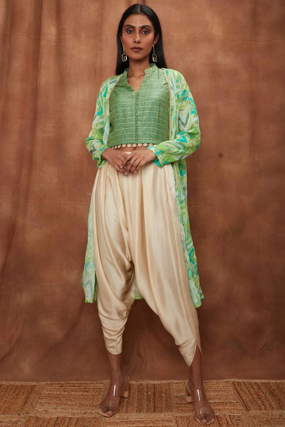 Green Placement Cape With Dhoti Set