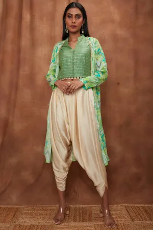 Green Placement Cape With Dhoti Set