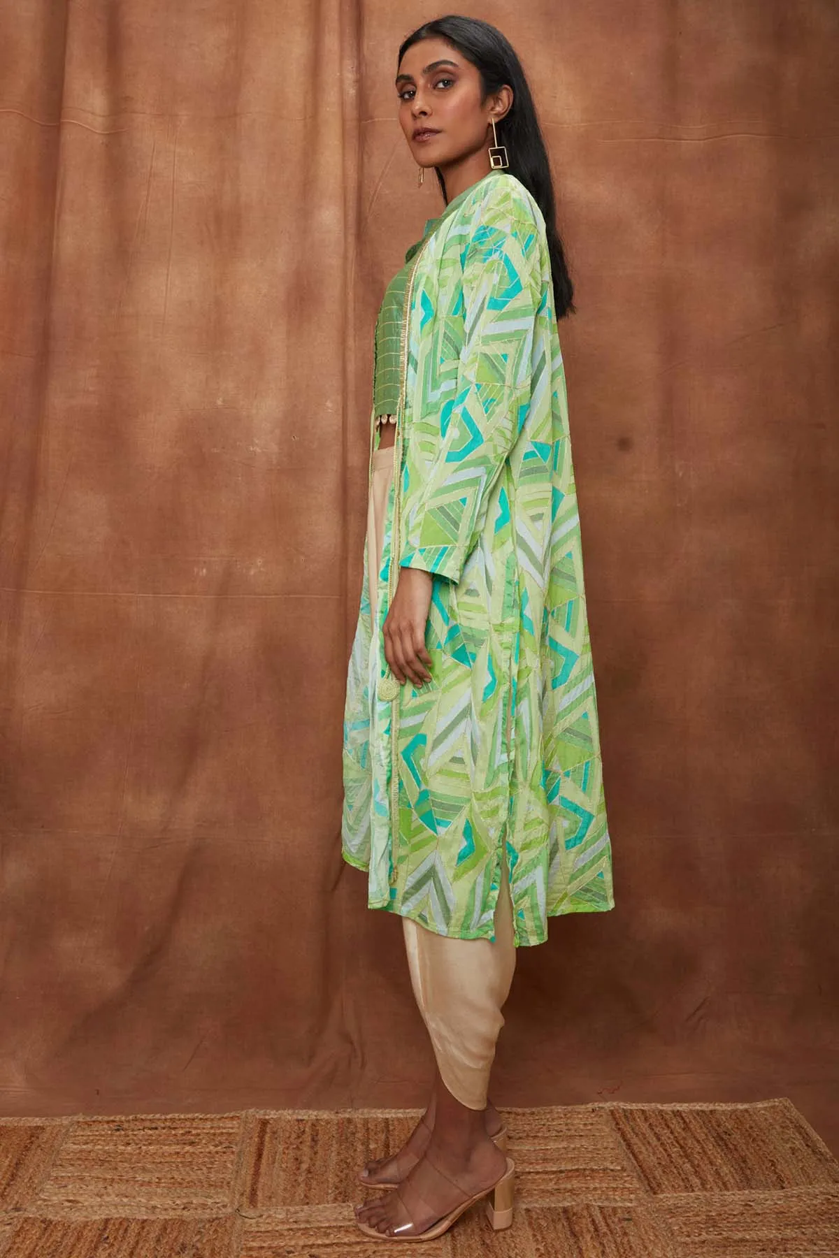 Green Placement Cape With Dhoti Set