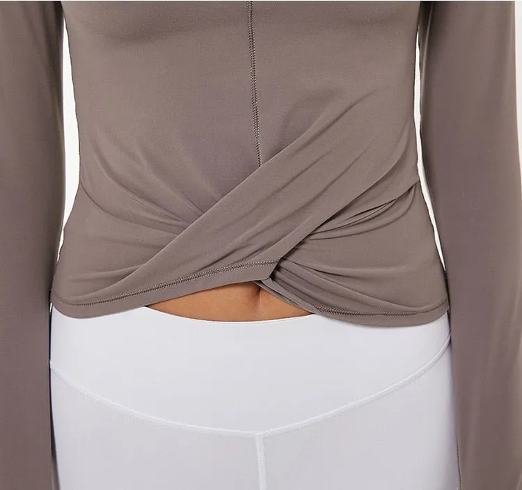 High Collar Yoga Crop Tops with Thumb Hole Sports Athletic Long Sleeve Shirts Women Twist Fitness Gym Tops High Quality