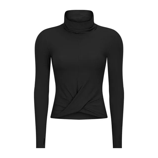 High Collar Yoga Crop Tops with Thumb Hole Sports Athletic Long Sleeve Shirts Women Twist Fitness Gym Tops High Quality