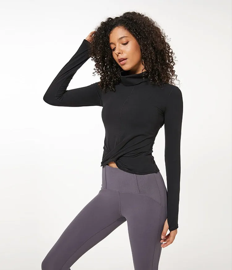 High Collar Yoga Crop Tops with Thumb Hole Sports Athletic Long Sleeve Shirts Women Twist Fitness Gym Tops High Quality