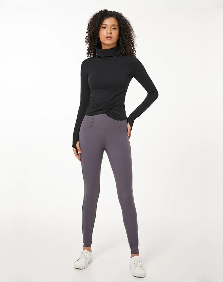 High Collar Yoga Crop Tops with Thumb Hole Sports Athletic Long Sleeve Shirts Women Twist Fitness Gym Tops High Quality