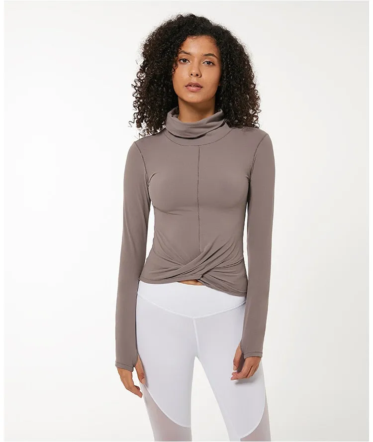 High Collar Yoga Crop Tops with Thumb Hole Sports Athletic Long Sleeve Shirts Women Twist Fitness Gym Tops High Quality