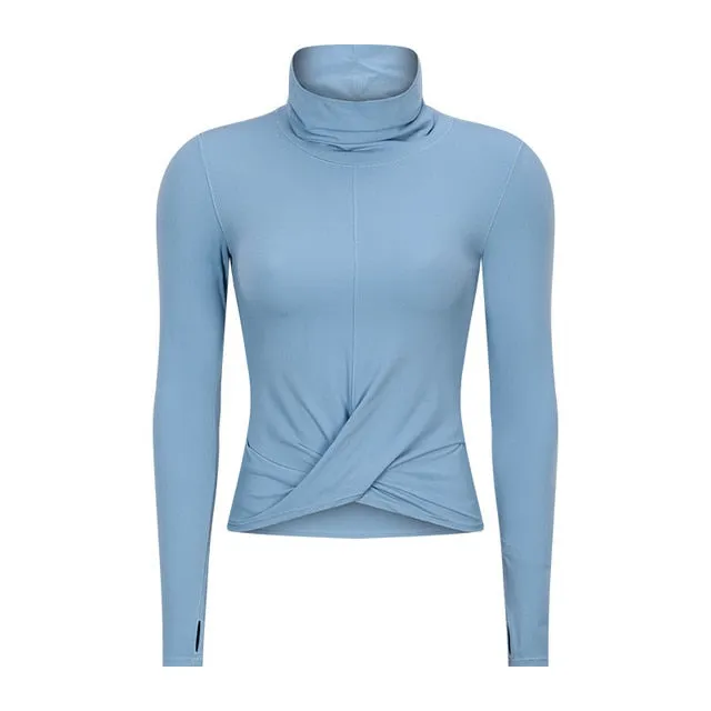 High Collar Yoga Crop Tops with Thumb Hole Sports Athletic Long Sleeve Shirts Women Twist Fitness Gym Tops High Quality