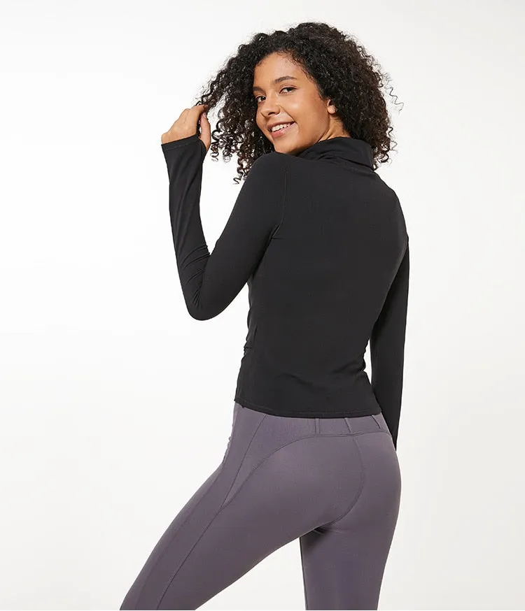 High Collar Yoga Crop Tops with Thumb Hole Sports Athletic Long Sleeve Shirts Women Twist Fitness Gym Tops High Quality