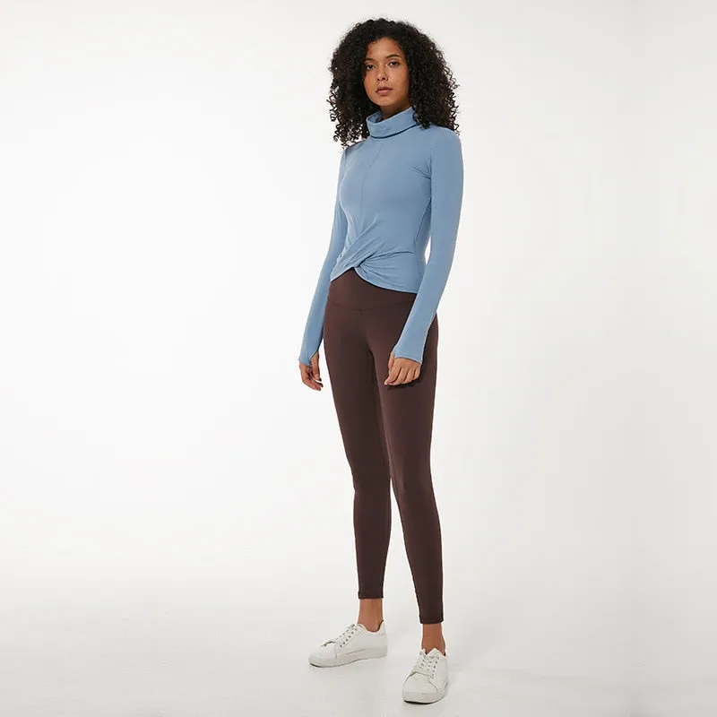 High Collar Yoga Crop Tops with Thumb Hole Sports Athletic Long Sleeve Shirts Women Twist Fitness Gym Tops High Quality
