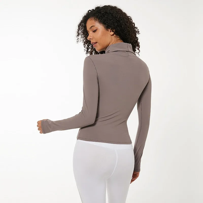 High Collar Yoga Crop Tops with Thumb Hole Sports Athletic Long Sleeve Shirts Women Twist Fitness Gym Tops High Quality