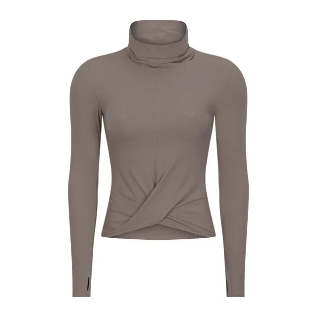 High Collar Yoga Crop Tops with Thumb Hole Sports Athletic Long Sleeve Shirts Women Twist Fitness Gym Tops High Quality
