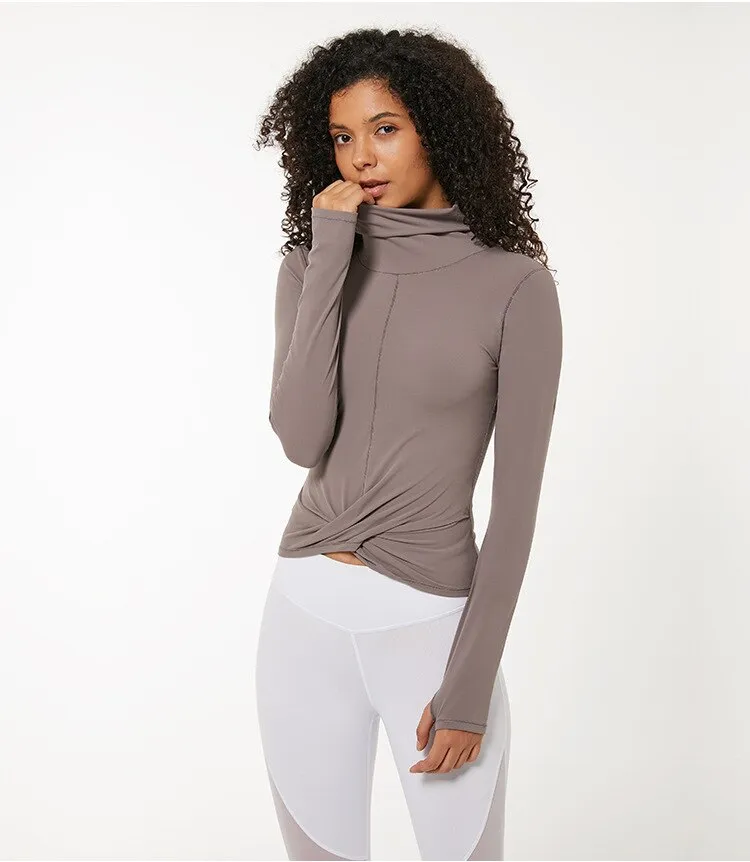 High Collar Yoga Crop Tops with Thumb Hole Sports Athletic Long Sleeve Shirts Women Twist Fitness Gym Tops High Quality