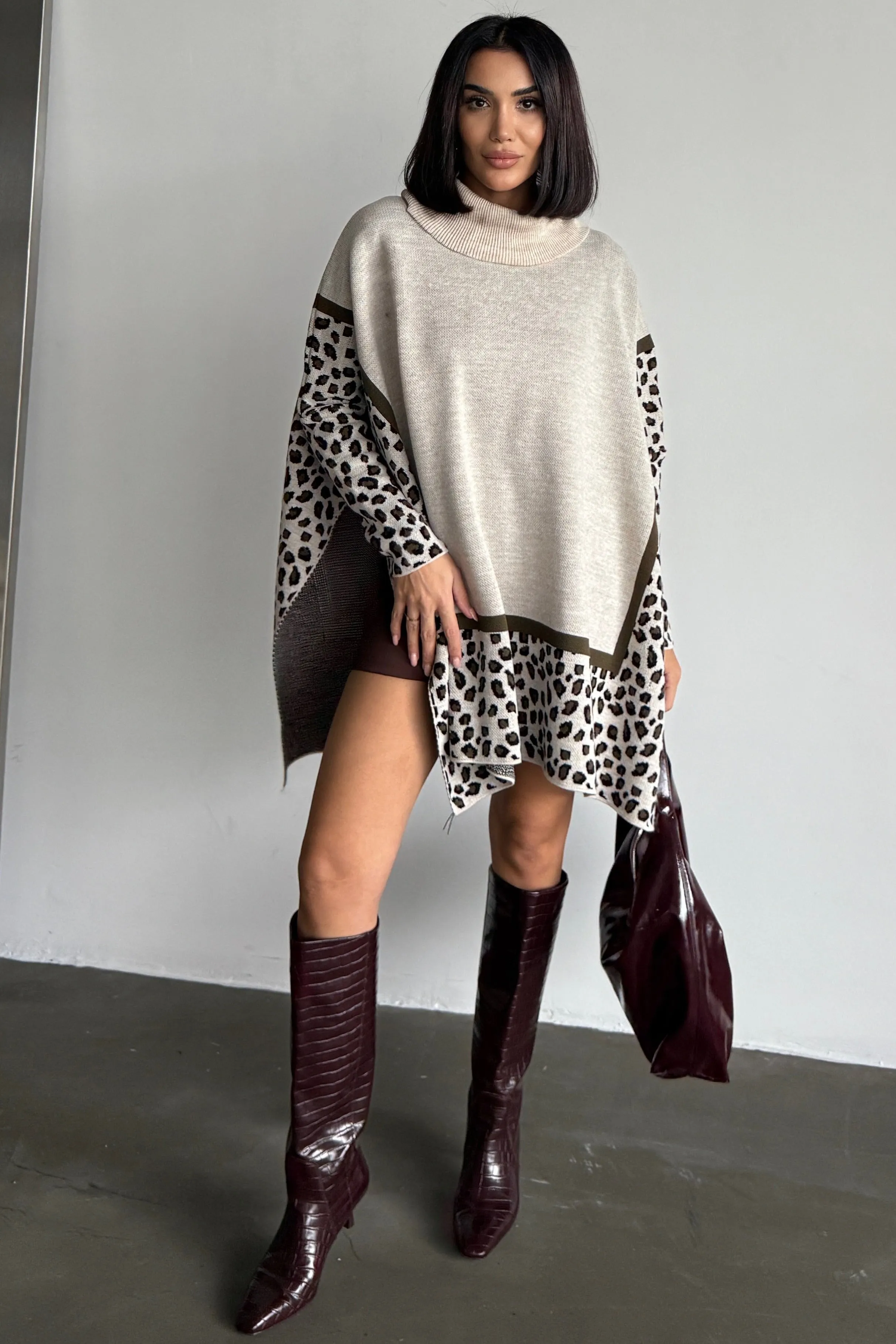 High Neck Oversize Jumper in Leopard Print - Khaki