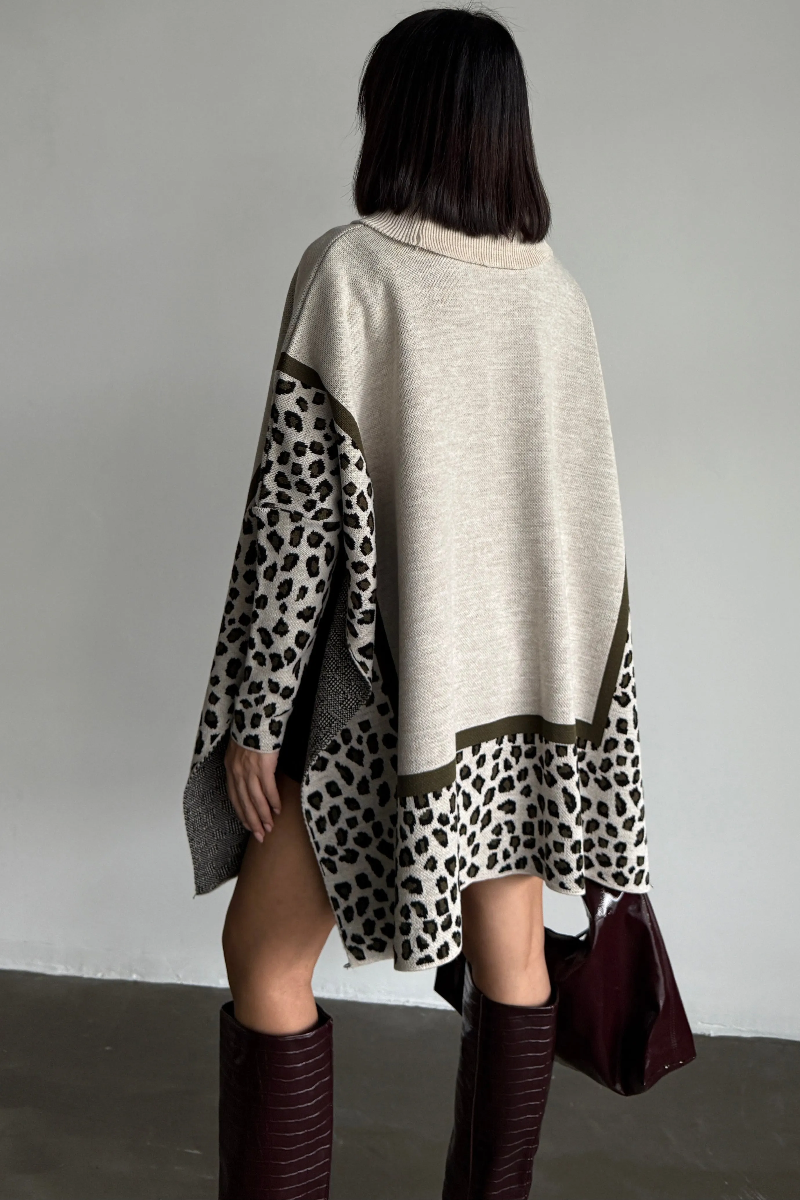 High Neck Oversize Jumper in Leopard Print - Khaki