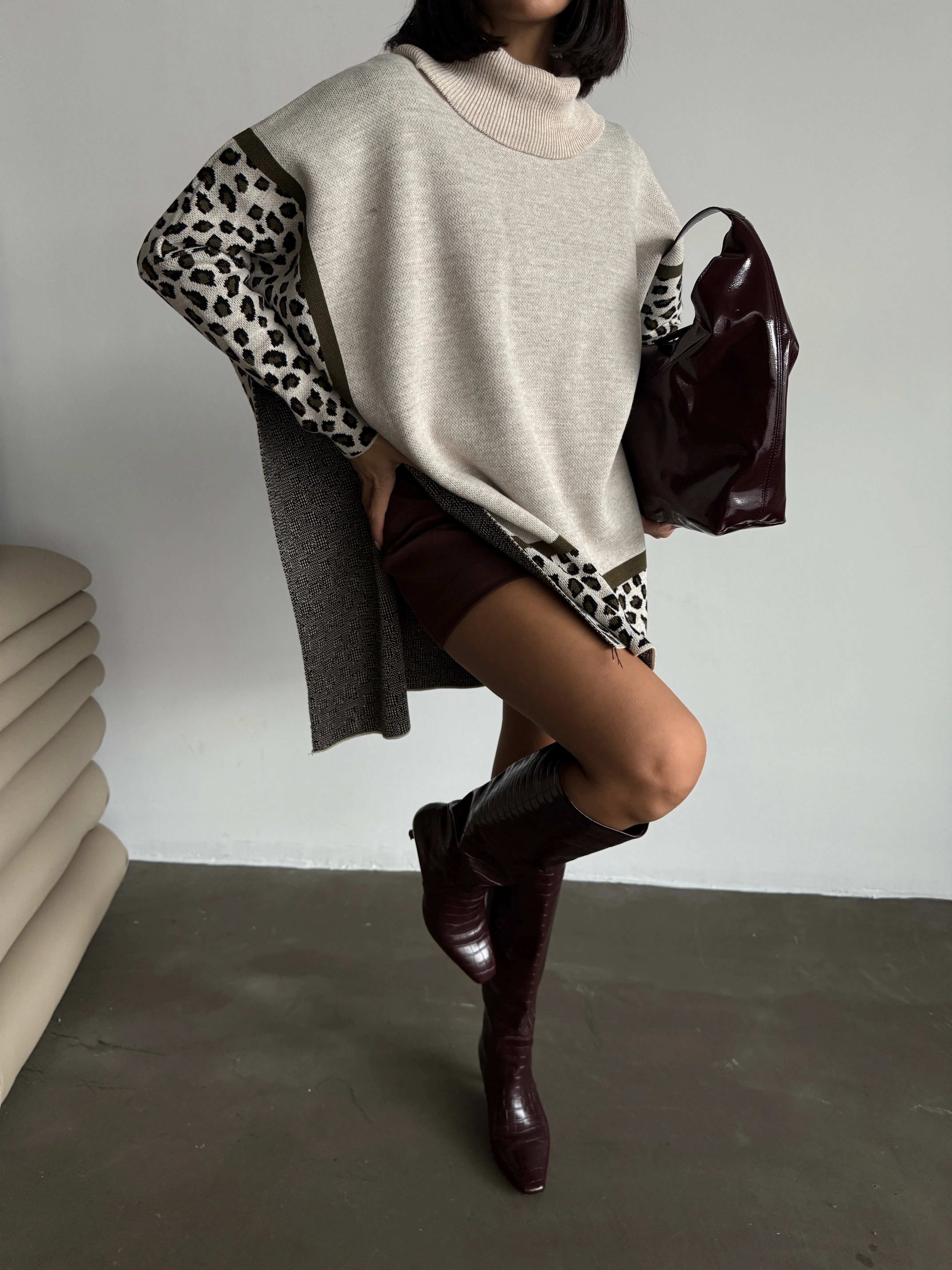 High Neck Oversize Jumper in Leopard Print - Khaki