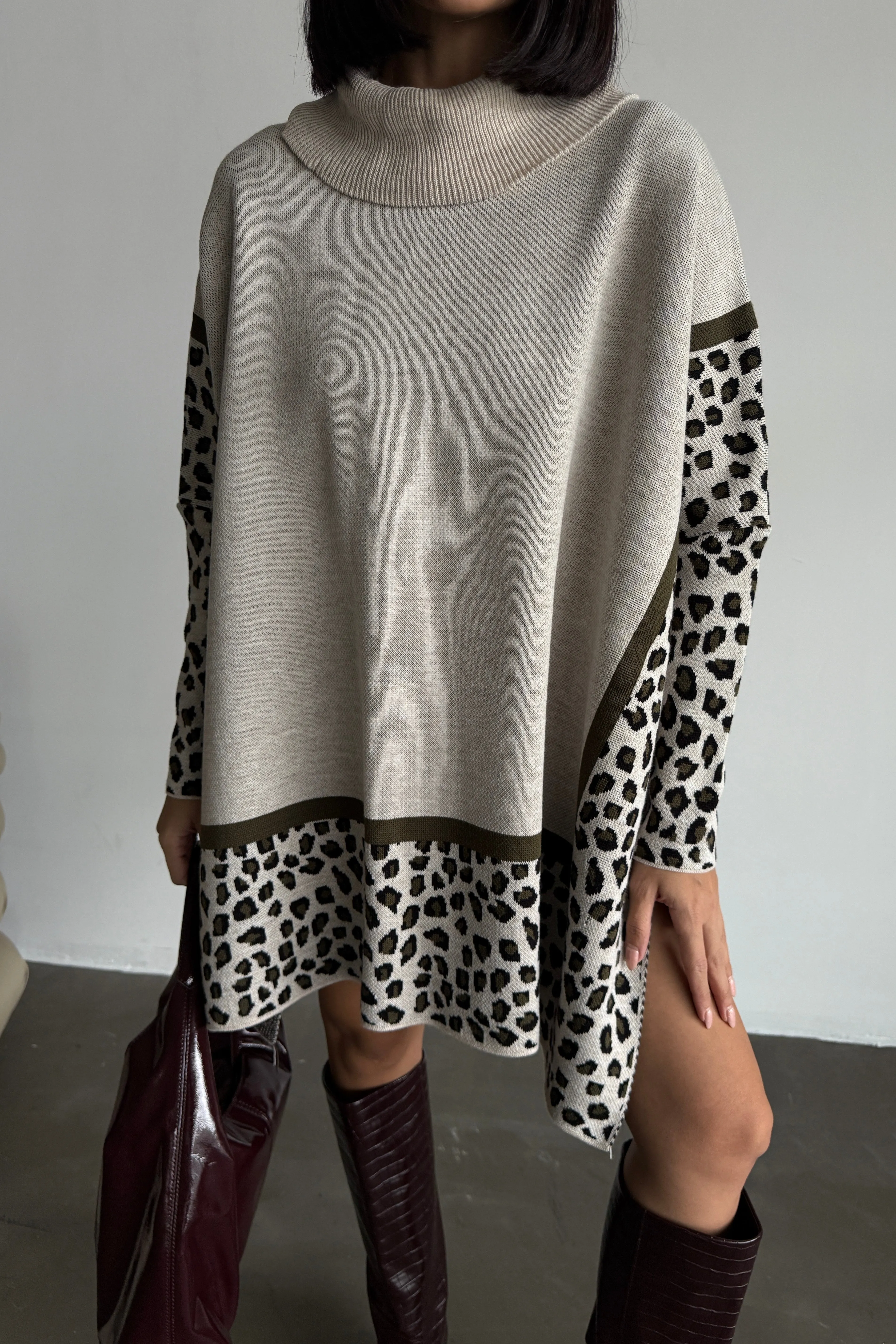 High Neck Oversize Jumper in Leopard Print - Khaki