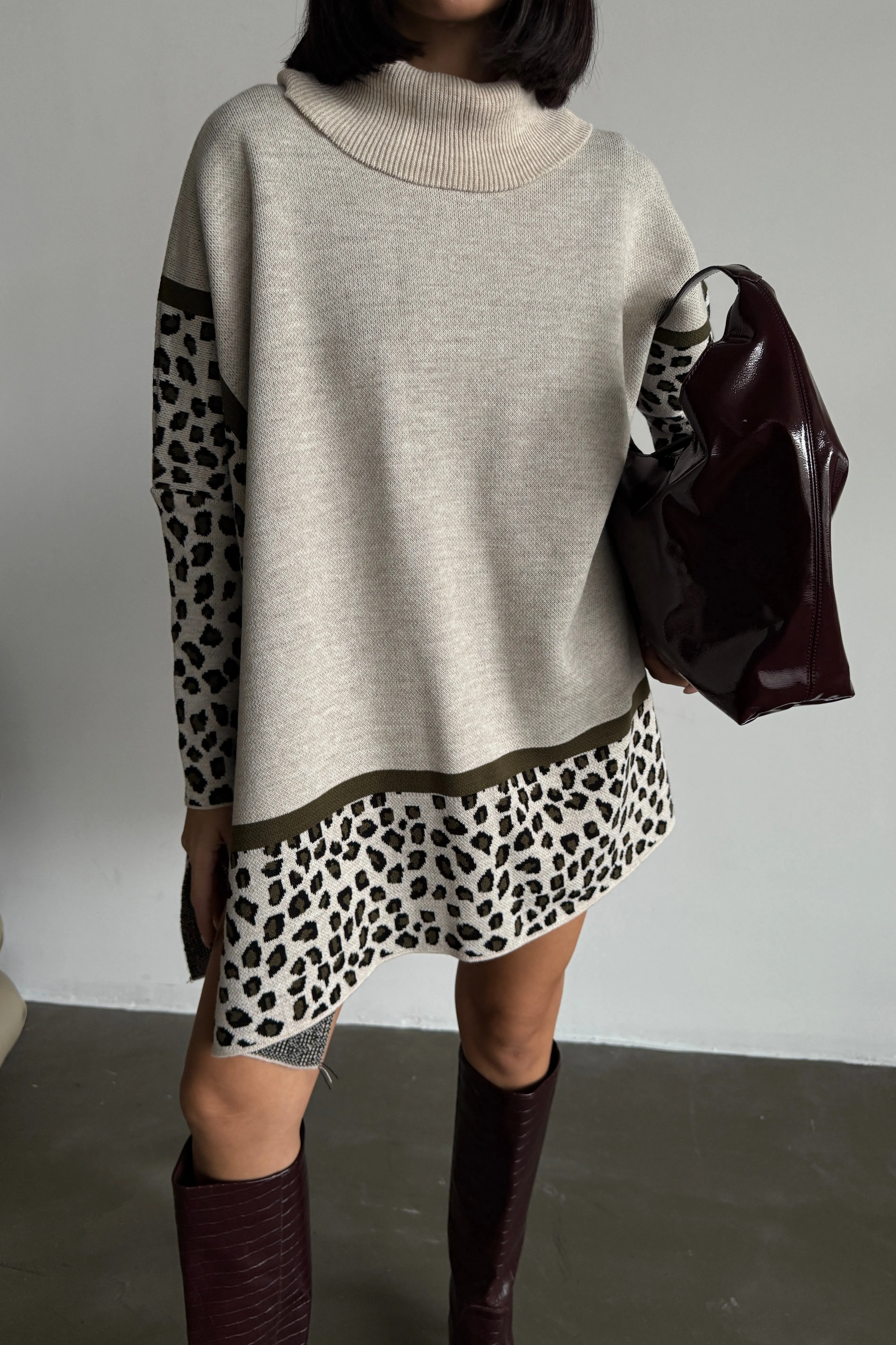 High Neck Oversize Jumper in Leopard Print - Khaki