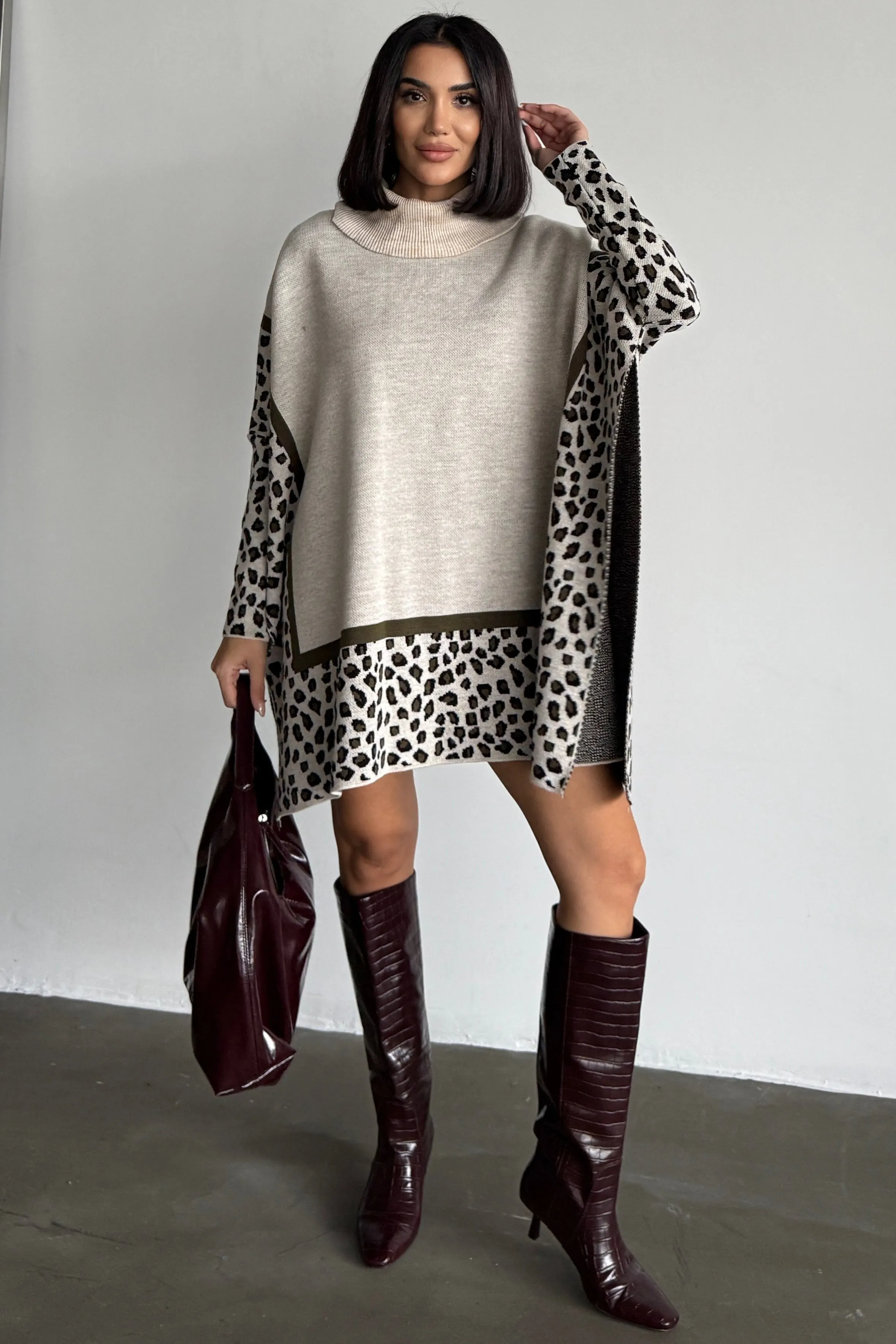 High Neck Oversize Jumper in Leopard Print - Khaki