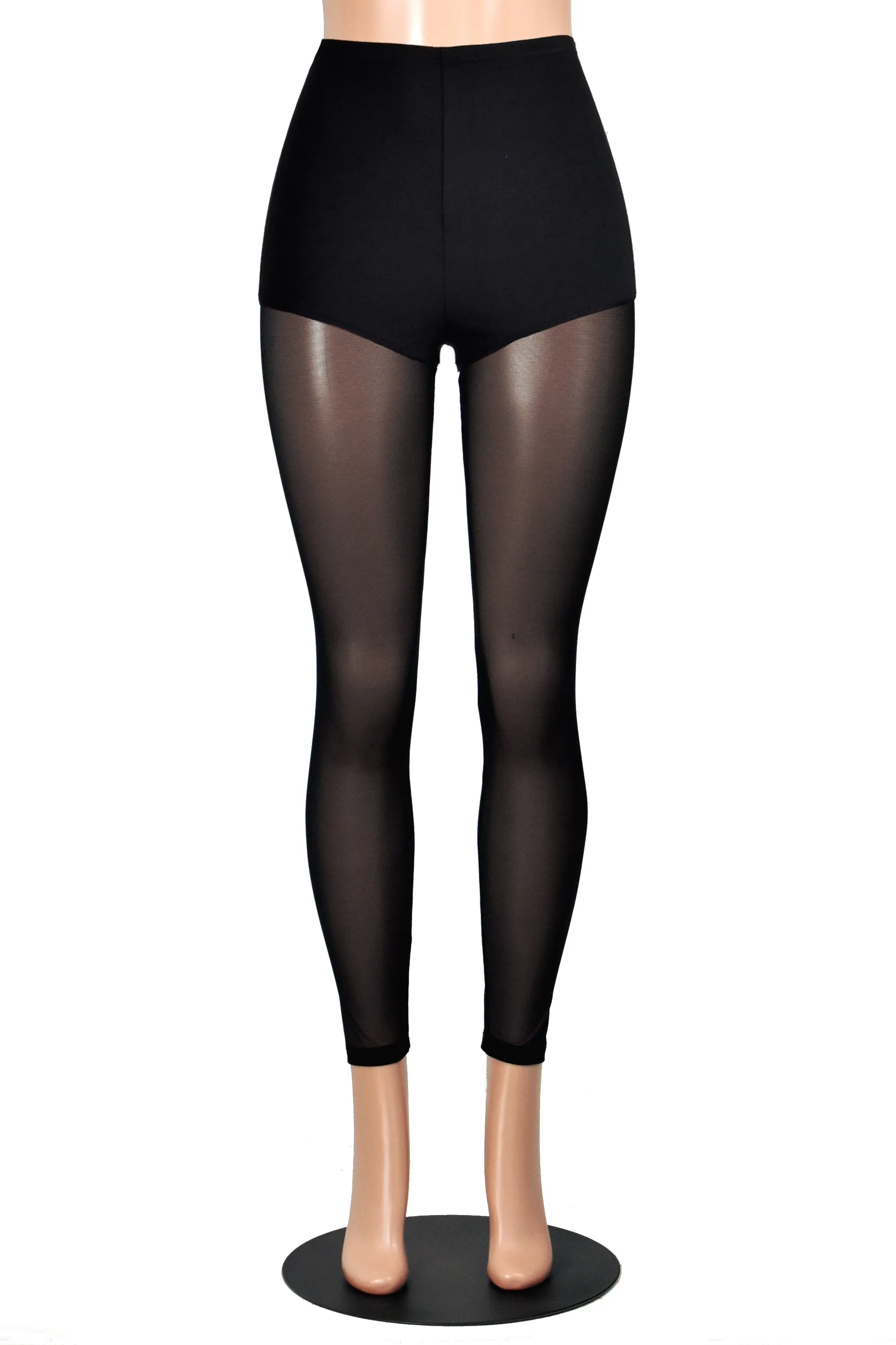 High-Waisted Black Cotton and Mesh Leggings