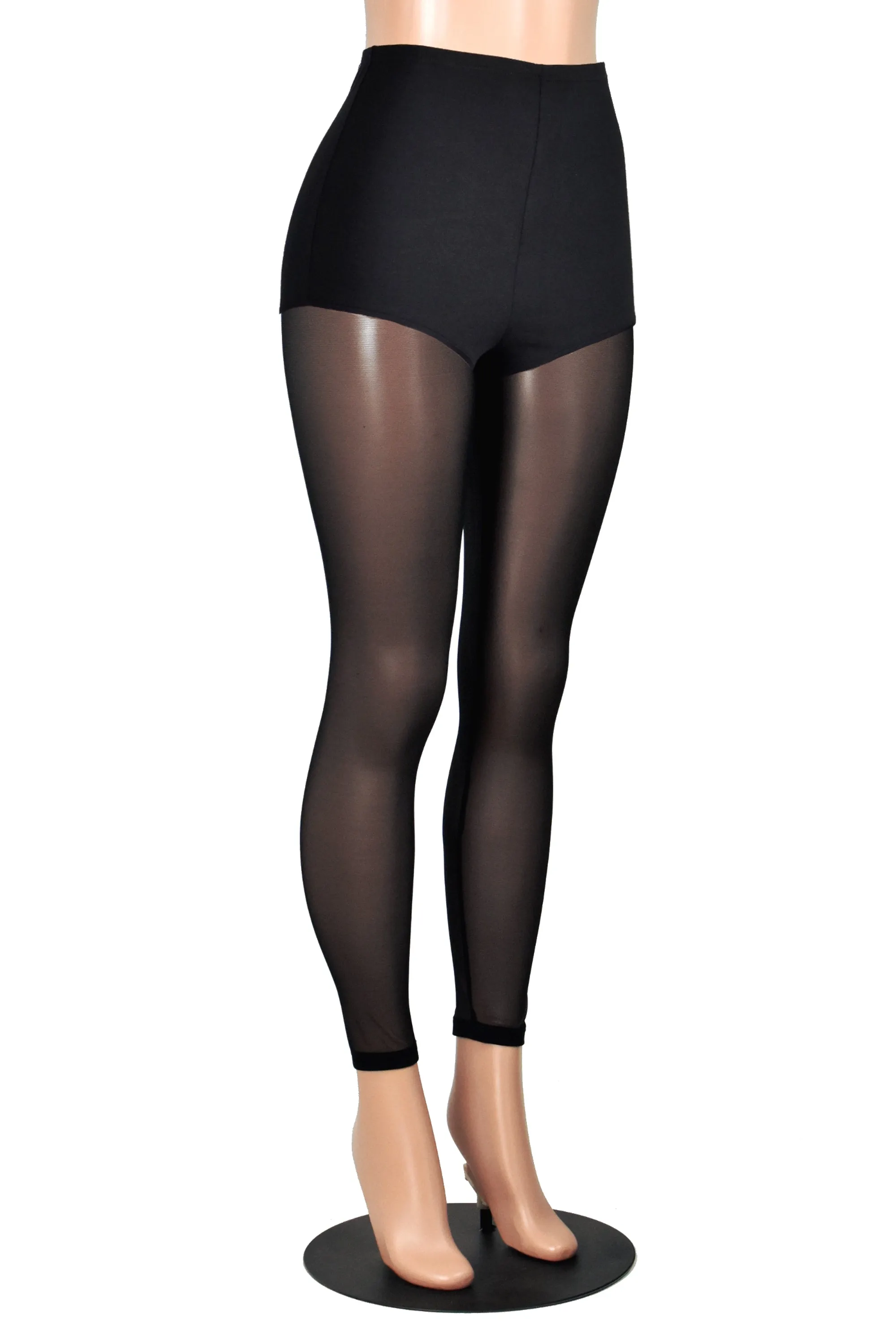 High-Waisted Black Cotton and Mesh Leggings