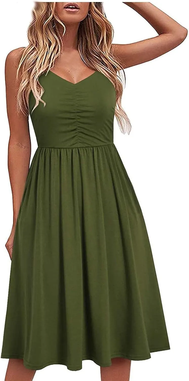 hlysgo Going Out Dresses for Women 2025 Summer Casual Spaghetti Straps Sleeveless V Neck Mini Dress A-Line Flowy Beach Dress