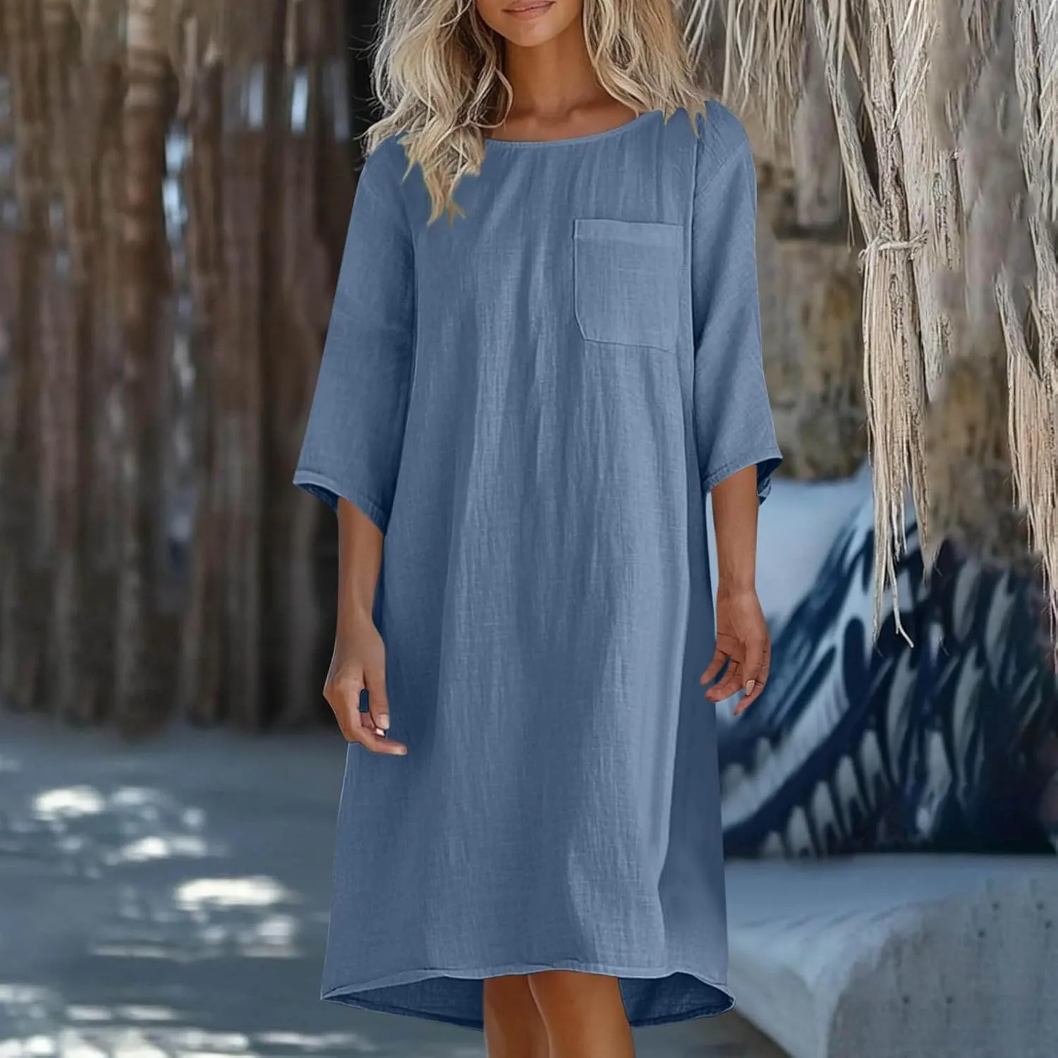 hlysgo Womens Vacation Dress 2025 Summer Casual 3/4 Sleeve Mini Dresses Loose Comfy Knee Length Beach Dress with Pockets